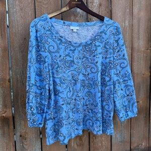 J Jill Women’s Blue Black Paisley 3/4 Sleeve Blouse Shirt Size Large
